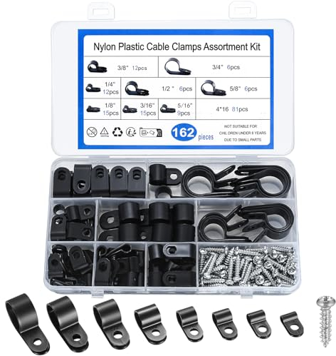 162 Stück R-Typ Kabelschellen, Nylon R Clips, Drahtklemmen, R Typ Cable Clips, Kabelklemmen, Kunststoff Kabel Klemmen für Büro Zuhause Draht Kabelführung Kabelbefestigung - 8 Größen/Schwarze