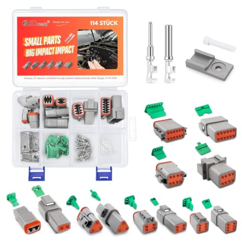 JRready DT-kontakter-set, 6 uppsättningar DT-kontakt 2/3/4/6/8/12-poler, tyska kontakter, grå, IP68, vattentät med terminal, Wire Gauge 14–18 AWG tyska kontakter, sortiment för bil, lastbil,