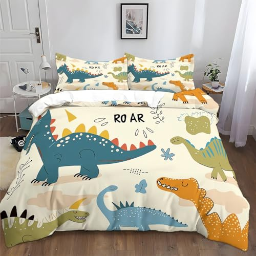 Generico Set Copripiumino per Bambini 150x200 cm Dinosauro Del Fumetto Modello Disegnato A Mano Copripiumino Cotone Poliestere Chiusura con Cerniera, Set Biancheria da Letto, per Bambini Adulti