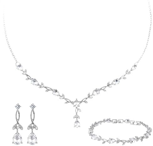 Yolev 2 Stück Schmuck Silber Set Hochzeitsschmuck Braut Brautschmuck Set Strass Halskette Dangle Ohrringe Glänzendes Armband Hochzeit Party Braut Brautjungfer Schmuck