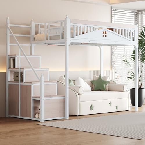 Kinderbett Etagenbett 90x200, Hochbett Hausbett mit Fenster&Treppe&Aufbewahrungsschrank, Metallbett Funktionsbett Einzelbett Jugendbett Spielbett mit Rausfallschutz&Lattenrost, Ohne Matratze, Weiß