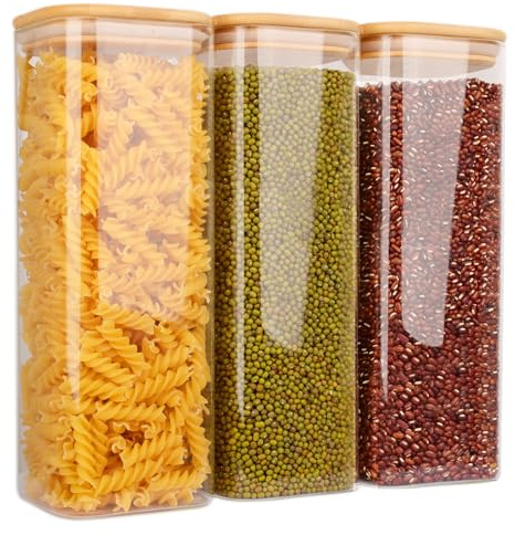 FINEW Set de 3 tarros de almacenamiento de vidrio con tapa de 2100 ml, tarros de almacenamiento cuadrados, grandes recipientes herméticos de vidrio, tarros de especias para cocina de espaguetis
