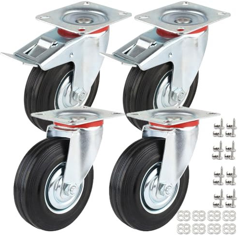 IQWTU Ruedas para cargas pesadas de 125 mm con freno, 4 ruedas de transporte hasta 400 kg, Ruedas para muebles pesados ruedas de goma giratorias 360°(2 con freno y 2 sin freno)