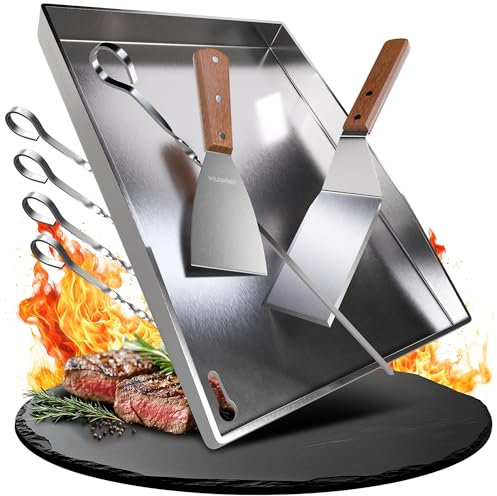 WILDGÅRD Plancha Plaque de cuisson - Plancha en acier inoxydable épais - 40 x 30 cm - Convient pour barbecue à gaz et barbecue à charbon +PLUS: 2x spatule de barbecue & 5x brochettes