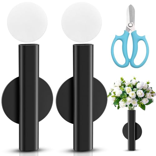 WZYTEU 2 jarrones de pared, jarrón de hierro para flores secas y plantas verdes de imitación, con tijeras para flores y cinta adhesiva de doble cara (16 x 7 cm, negro)