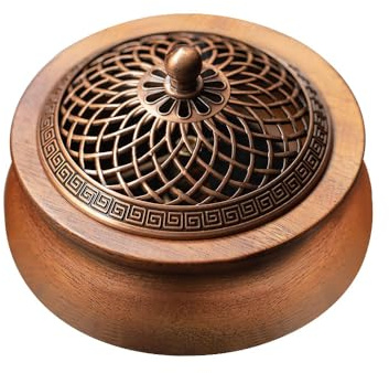 MIGAKU HOME Round Wooden Incense Burner & Holder - 4 Handcrafted Natural Wood Censer with Alloy Lid, Heat-Resistant Tray for Sticks, Cones, Sage, Frankincense (Meditation, Yoga, Home Decor)