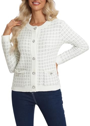 Mujeres Elegante Slim Fit Manga Larga Cuello Redondo Cárdigan Button Down Frente Abierto Punto Chaqueta con Bolsillos