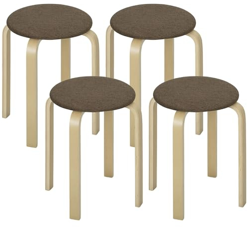 HOMCOM - Lot de 4 tabourets ronds empilables - Tabourets de cuisine bas avec assise rembourrée pour salle à manger, chambre à coucher, bureau, salon - Marron et naturel