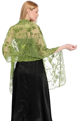 LumiSyne Dam paljetter sjalar och halsdukar för glittrande aftonklänning paljettbroderi tyll lätt spets halsduk elegant sjal för brud brudtärna ceremonier fester, Olivgrön, One Size