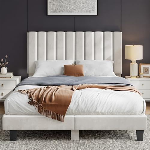 INRE Lit Double 140 x 190 cm avec Sommier à Lattes, Cadre de Lit Rembourré en Velours Blanc Miel, Tête de Lit Réglable en Hauteur, Structure Métallique Stable et sans Bruit, Charge Max 350 kg