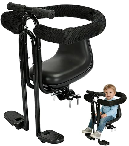 Bicycle Front Seat, Kids Bike Seat Front Mount, Detachable with 4-Sided Foam Guardrail, Safety Belt and Foot Pedals, Adjustable Seat Toddler Bike for Children 1-5 Years, 110lbs Load with All Adult MTB