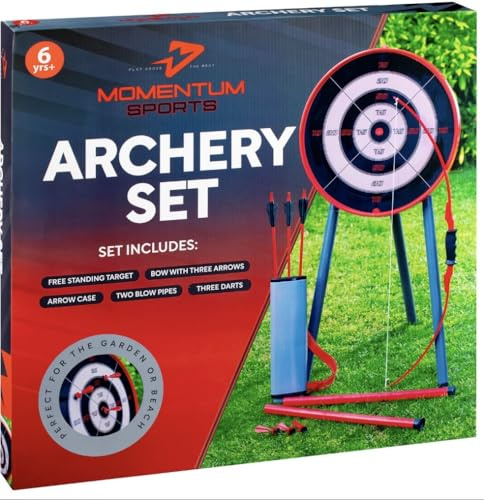 New||Momentum Sports Archery Set with Bow, 3 Arrows, Freestanding Target, Arrow Case, 2 Blowpipes and 3 Darts, Ages 6+||