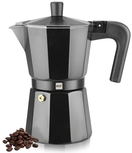 Magefesa Kenia Noir Stovetop Espresso Moka Pot, 3-Cup/5 oz, Italian Coffee Maker for Cuban Coffee, Extra-Thick Aluminum, Heat-Resistant Handle, Safe & Easy-to-Use, Greca Coffee Maker