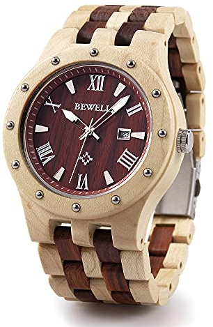 BEWELL Herren Natürliche Holz Uhr Retro Quarz Analog Armbanduhr mit Multi-Funktionen der Kalender Anzeige und Leuchtenden Zeiger Hölzerne Armband(Ahorn und Rotes Sandelholz)