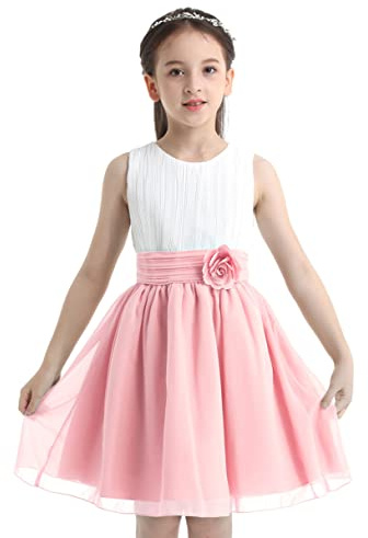 Agoky Vestido Floreado de Princesa Fiesta para Niñas Sin Mangas Traje de Ceremonia Infantil Vestido Plisado de Gasa para Boda Fiesta Bautizo Dama de Honor Blanco&Rosa 8 años