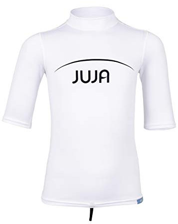 JUJA Badeshirt für Kinder, mit UV-Schutz - Schwimmshirt aus recycelten PET-Flaschen - Schutzkleidung/Badebekleidung für Jungen & Mädchen - Mit kurzen Ärmeln - Weiß - 116-122cm