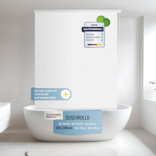 Rapid Teck Halb-Kassetten Duschrollo 120 cm x 240 cm in verschiedenen Designs - Duschvorhang mit Seilzug – moderner Badewannenvorhang – platzsparendes Duschvorhang Rollo