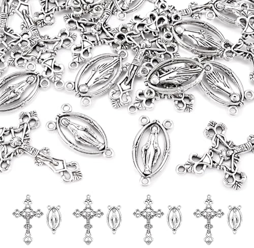 PandaHall 10 uppsättningar antika silver radband kors berlocker legering krucifix kors hängen och jungfrulänkar för smyckestillverkning