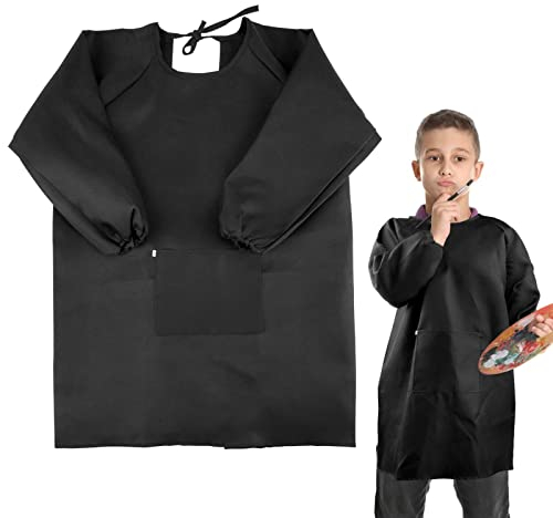 BETESSIN Malkittel Kinder Schwarz - Malschürze für Kinder 7~11 Jahre - Größe L (für Körpergröße 120~140cm) - Ideal für Schule, Haushalt und als Geschenkidee zum Schulanfang - Aus waschbarem Polyester