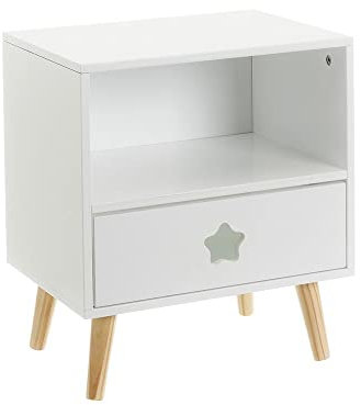LOLAhome Mesita de Noche de 1 cajón con Estrella Tallada de Madera de Pino Blanca de 40x30x50 cm