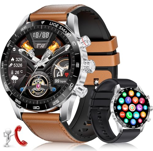 LIGE Montre Connectée Homme, 1,43'' AMOLED Montre Connectée avec Appel Bluetooth Assistant Vocal, 2 Bracelets, Autonomie de 15 Jours, SpO2, 124 Modes Sportifs, Etanche Smartwatch pour iOS Android