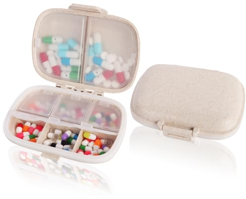2 Stück Pillendose, 8 Fächer Medikamentenbox Klein Mit Dichtung Ring, Tragbarer Tablettenbox Für Reise Tägliche Gebrauch Mit Schnalle Herausnehmbare Trennwand (Beige)