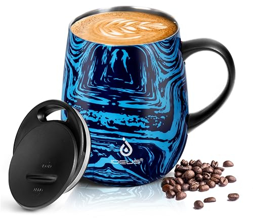 Ideus Kaffeebecher 470 ml (16 oz), doppelwandige vakuumisolierte Kaffee- und Teetasse aus Edelstahl mit rutschfestem Griff und Schiebemoduldeckel und großem Volumen (Blauer Druck)