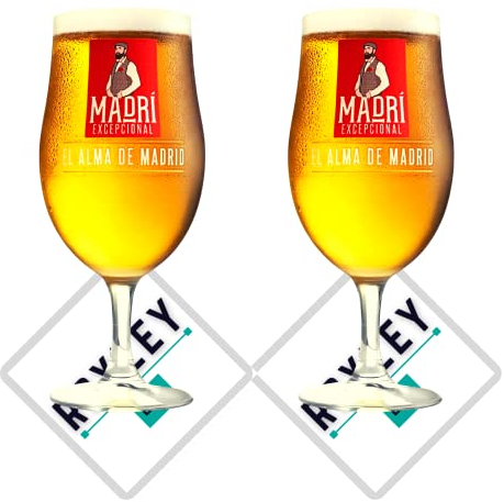 2 x Roxley Madri Nucleated Pint Beer Lager Glass Glasses 56Cl Size Glass Man Cave Made in UK Includes 2 x madri Branded Beer mats