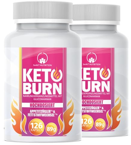 KETO BURN®* Appetitzügler* Kapseln 2er Pack, Abnehmen* & Stoffwechsel** EXTREM hochdosiert mit Glucomannan, Cholin, Vitamin B1 + Vitamin B6 für Frauen & Männer – Nahrungsergänzung schnell & stark