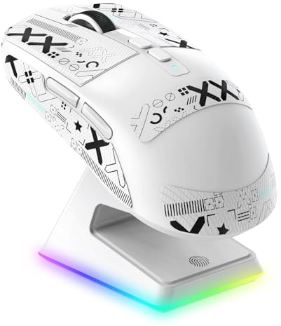 VGN Game Power Attack Shark X6 Superlight Kabellose Gaming-Maus mit RGB Ladestation, 49g Ultraleicht Mouse, PixArt PAW3395 Sensor, 26000DPI, 2.4G/BT/Kabelgebunden, Griptape-Set, G502, PC/Mac, Weiß