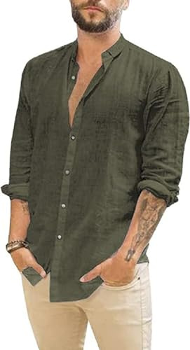 Friptspyg Linen Shirts Mens Long Sleeve Button Down Beach Causal Shirts for Men Adult