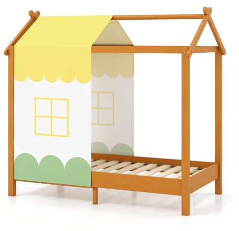 LIFEZEAL Lit Cabane Enfant 80 x 150 cm, Cadre de Lit en Bois avec Baldaquin Amovible, Sommier 141x72, Ciel de Lit Maison, Charge 100 kg pour Garçon Fille 3-9 Ans