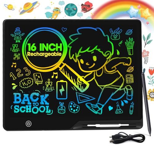 POPERFUN 16 Inch LCD Writing Tablet for kids, Colorfuls Doodle Board, Rechargeable Kids Drawing Pad Education and Learning Toys for Ages3 4 5 6 7 8 Christmas Birthdays Gifts for Girls Boys Adults