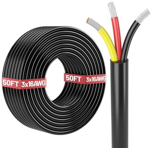 Energeaster 50FT 16 Gauge Wire, Automotive Wire,3 Conductor Electrical Stranded PVC Cord,12V Low Voltage, Tinned Copper Flexible 16/3 Cable for LED Strips Lamp Lighting Marine Cable