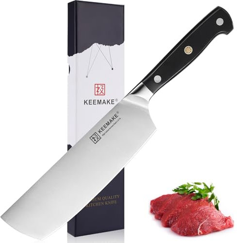 KEEMAKE Küchenmesser Hackmesser 20cm, Nakiri Kochmesser aus hochwertigem Carbon Edelstahl, Scharfe Messer mit ergonomischem Griff