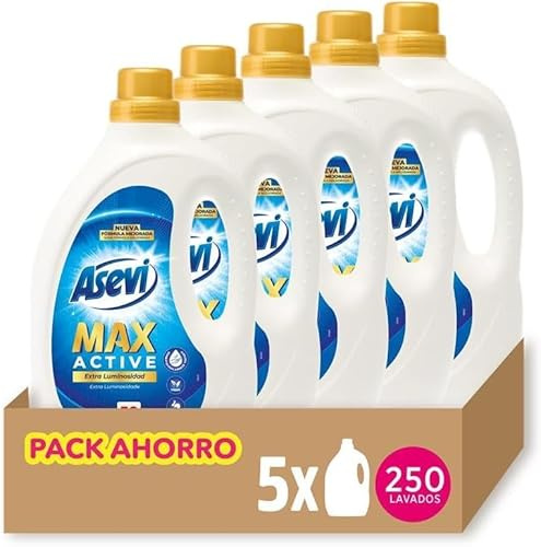 Asevi Detergente Líquido para Lavadora Max Active - Detergente Hipoalergénico Concentrado Ropa Blanca y de Color - Poder Quitamanchas y Extra Luminosidad para una Ropa Limpia y Cuidada - 5x50 Lavados