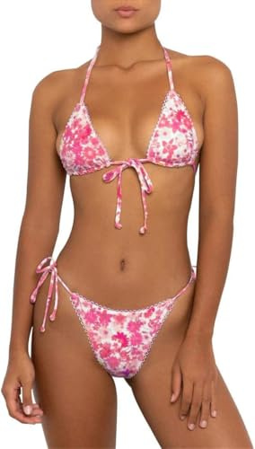 Ensembles de Bikini imprimé Rose pour Femmes, Maillots de Bain Deux pièces, Bikini Triangle à ficelles, Enfiler Halter, String Sexy, Bikini Tanga, Maillot de Bain pour Femmes