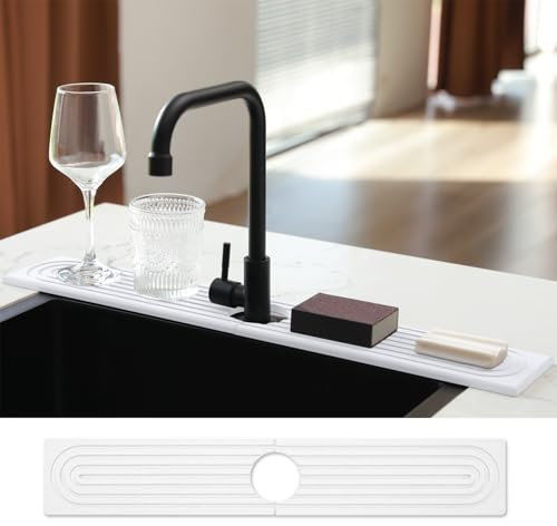 WIFORH Stone Faucet Mat for Kitchen Sink, 60cm Long Diatomite Fast Drying Hard Sink Tray, Diatomite Absorbent Mat, Tap Splash Guard for Bathroom Kitchen, 24 x 3.54 in(White)