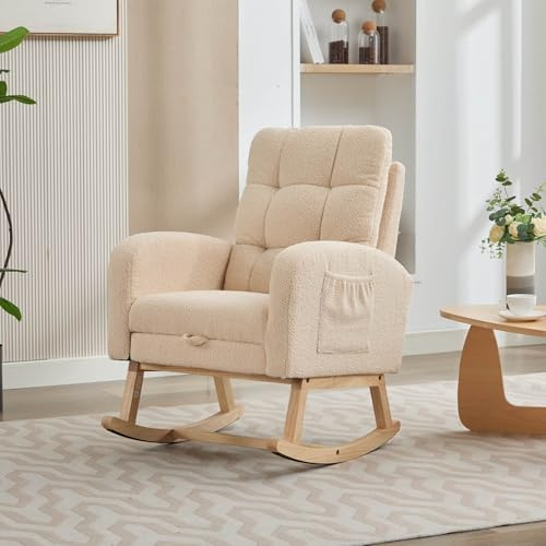 Sweiko Fauteuil à Bascule Relax avec Pouf, Design Moderne Minimaliste, Cadre en Bois Robuste, Tissu Doux et Confortable, Idéal pour Salon et Chambre, Beige