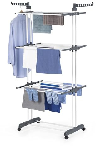 EASYmaxx Tendedero plegable, Perchero plegable | Secado eficiente con 3 niveles, 2 alas laterales y fácil montaje | Ahorra espacio, versátil y móvil para interiores y exteriores