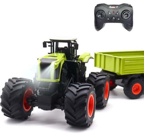 fisca RC Traktor, Ferngesteuerter Ackerschlepper mit anhebbarem Anhänger, 6 Holzplanken, geeignet für Jungen und Mädchen ab 3, 4, 5, 6 Jahren, Spielzeuggeschenk zum Thema Bauernhof