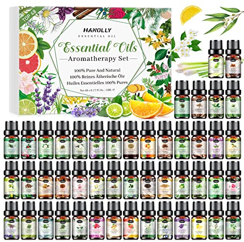 HANOLLY Aceites Esenciales TOP 48x5ML, Juego de Aceite Esencial Naturales para Humidificador Difusor Velas- Lavanda, menta, eucalipto, naranja dulce, coco, árbol de té, limón, canela, rosa, etc.