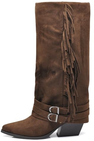 IF Stivali Texani da Donna Cowboy Cowgirl in Camoscio Sintetico con Frange Cinturini e Fibbie Stile Camperos con Ghetta G709 Marrone N.38
