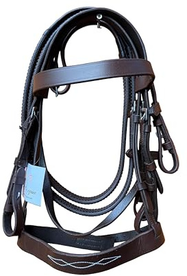 Leather Hunter Horse Bridle with Stitched Noseband And Grip Reins Comfortable Genuine Leather for Shetland And Mini Shetland in Brown (Mini-Shetland)
