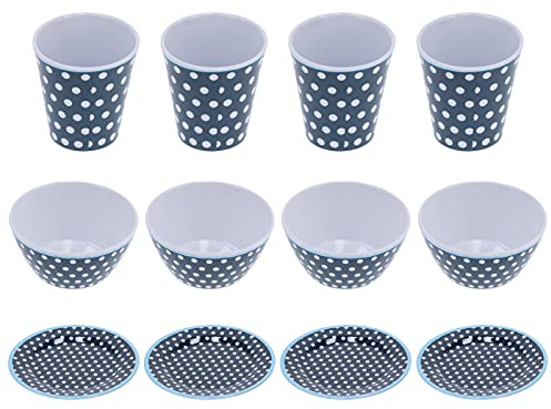 Set di stoviglie in melamina blu scuro a pois, 12 pezzi, stoviglie con ciotola per insalata, piatto e tazza per casa e ristorante, stoviglie infrangibili e resistenti al calore