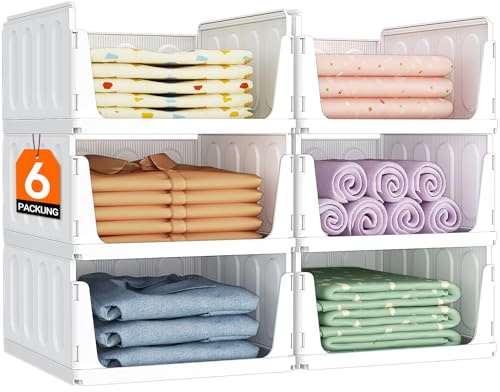 Lifewit Organizador de Armario Apilable, Cajas de Almacenaje Extensibles para Ropa, Camisetas y Pantalones, Cajones de Plastico para Separadores Closet de Baño, Cocina y Camping, 20L, Blanco, 6 Pack