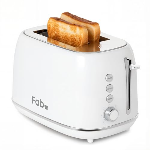 Fab by Kitchen in the Box Tostapane in Acciaio Inox 800W con Funzione Scongelamento, Regolazione Della Temperatura a 7 Livelli, Vassoio Raccogli Briciole Rimovibile, 2 Ampie Fessure （Bianco）