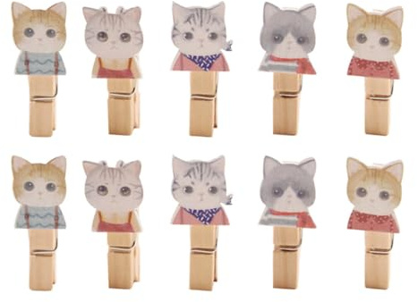Didiseaon 10 Pezzi Mollettone di Legno con Design Gatto Cartone, Clip Decorative Piccole per Foto con Corda da 1.2m, per Decorazione Parete e Artigianato in Dormitorio