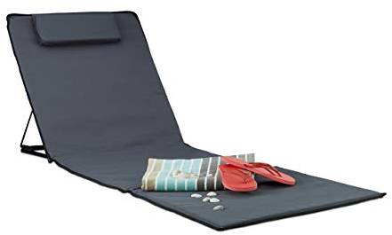Relaxdays Strandmatte XXL, BxT: 60 x 195 cm, gepolsterte Sonnenliege mit Kopfkissen, verstellbar, Tragetasche, anthrazit