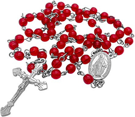 Nazareth Store Red Glass Beads Rosary Catholic Necklace Prayer Miraculous Medal